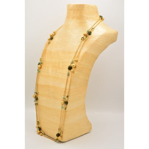 Premier Designs Vintage Station Necklace Green Bezel Brushed Gold Signed Bin2 - Picture 9 of 12